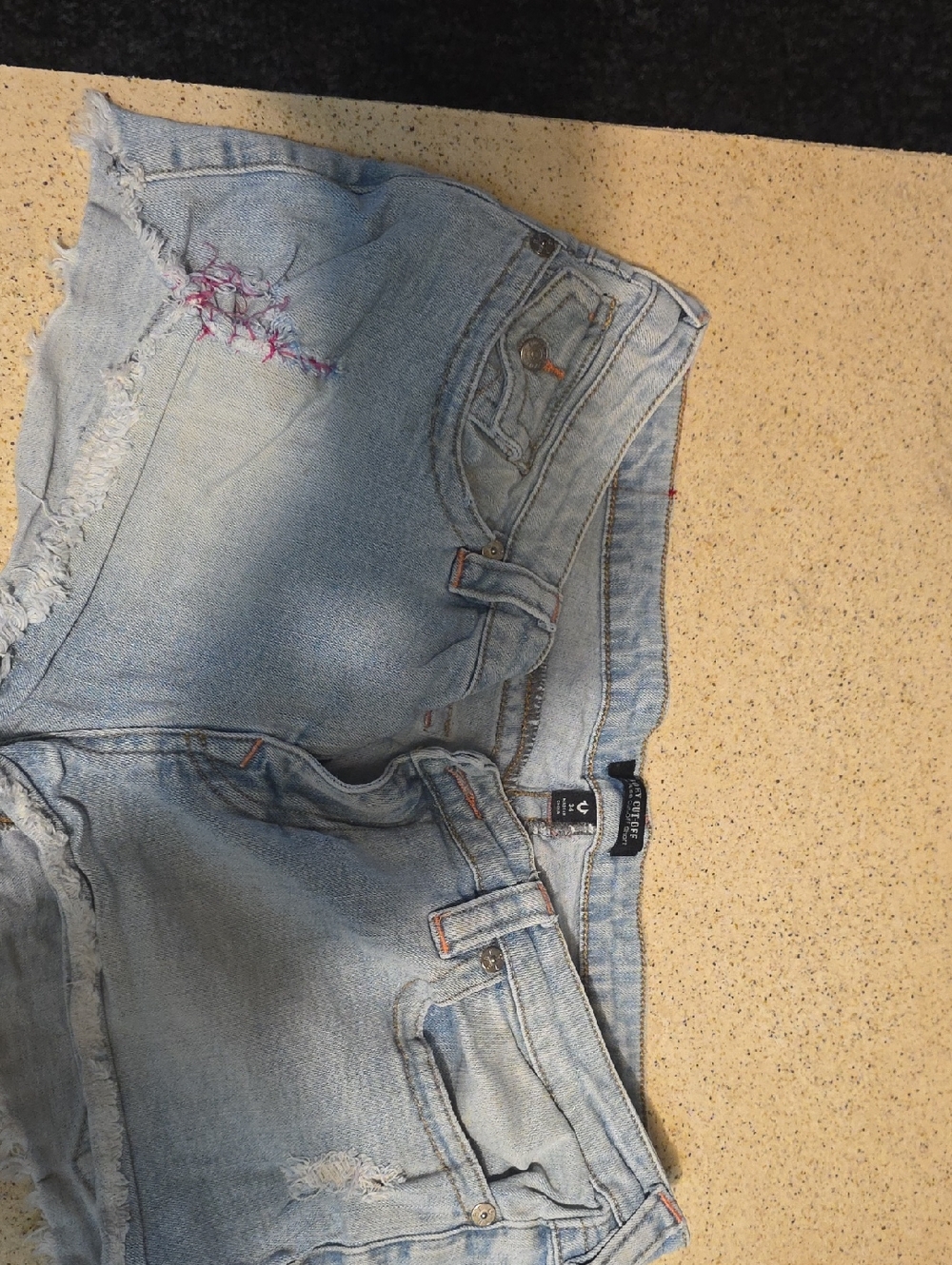 True Religion Light Blue Distressed Denim Shorts Pink Stitch